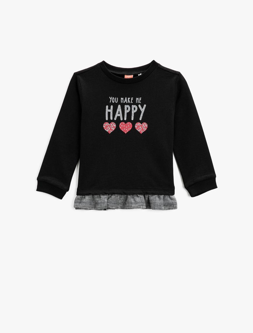  Kız Bebek Baskılı Sweatshirt Bisiklet Yaka Fırfır Detaylı