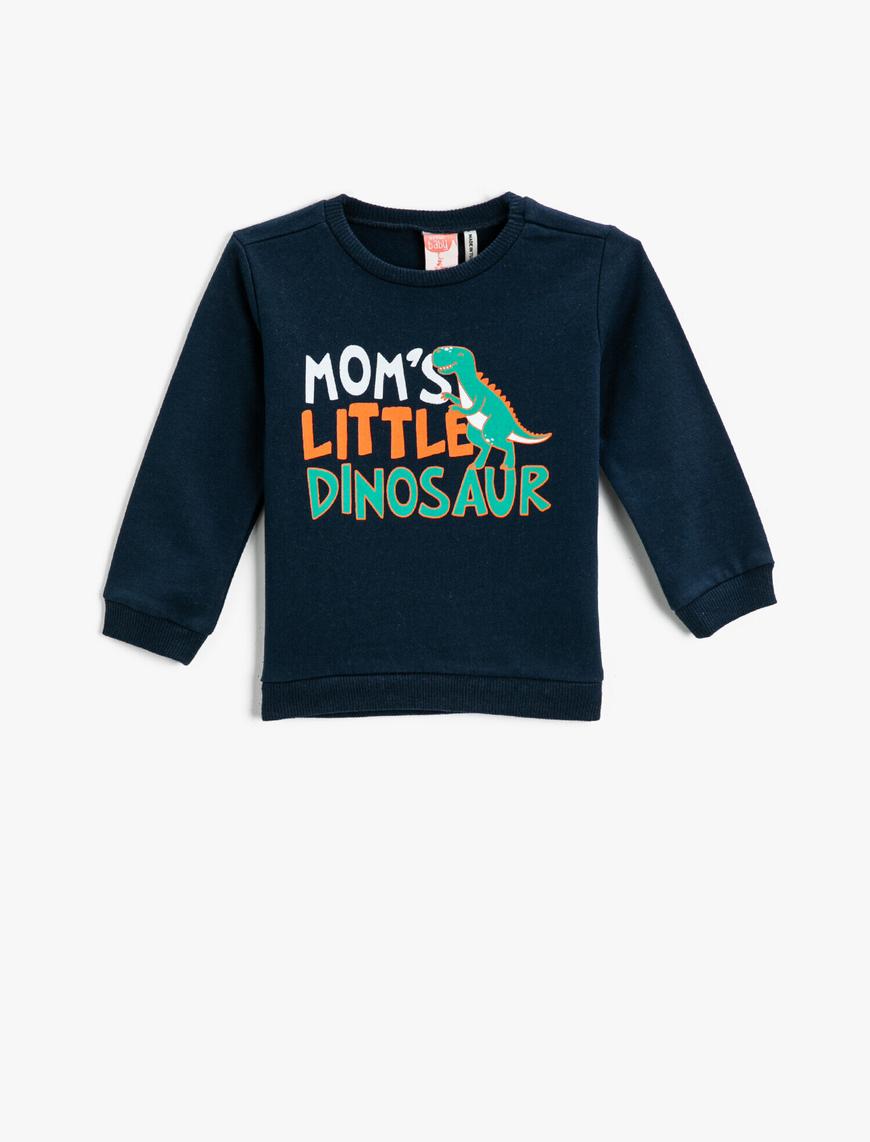  Erkek Bebek Dinozor Baskılı Sweatshirt Bisiklet Yaka Pamuklu