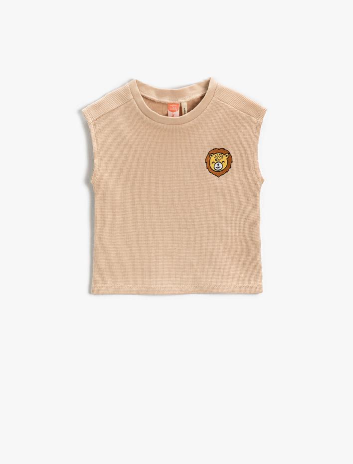 Erkek Bebek Kolsuz Bisiklet Yaka Tişört Aslan İşlemeli Pamuklu