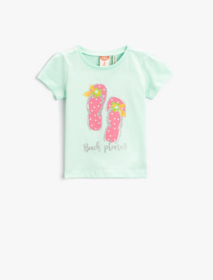  Kız Bebek Baskılı Kısa Kollu Tişört Pamuklu