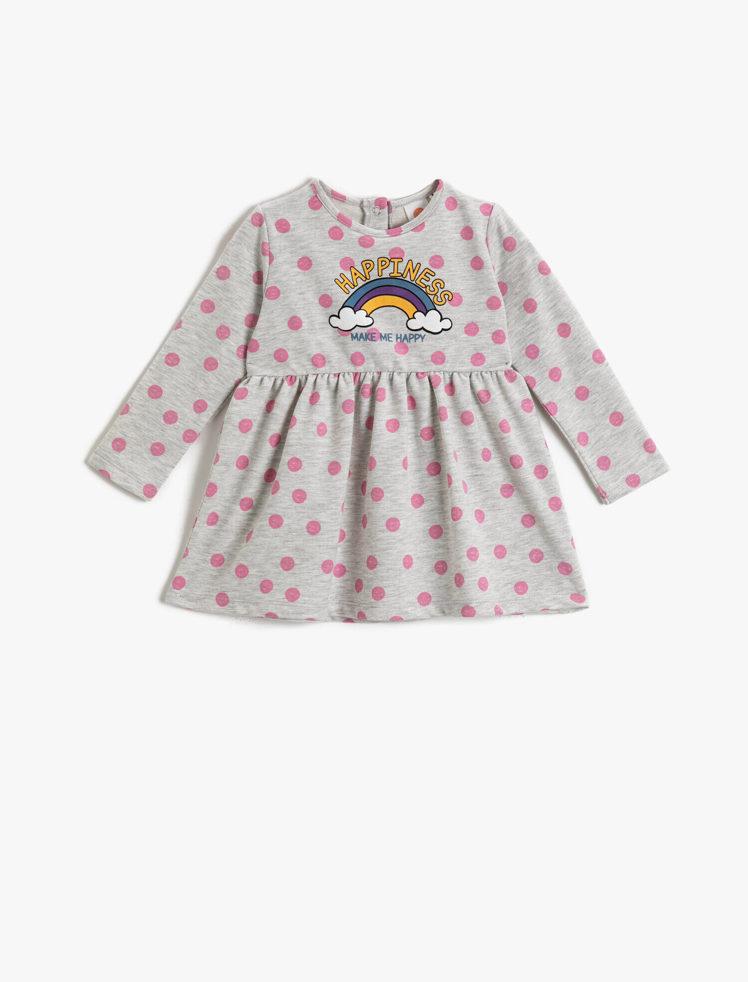  Kız Bebek Gökkuşağı Baskılı Puantiyeli Elbise Uzun Kollu Bisiklet Yaka