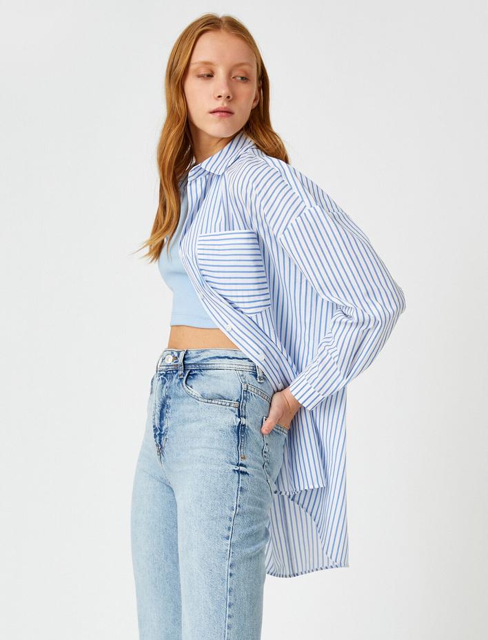  Çizgili Cepli Uzun Kollu Gömlek