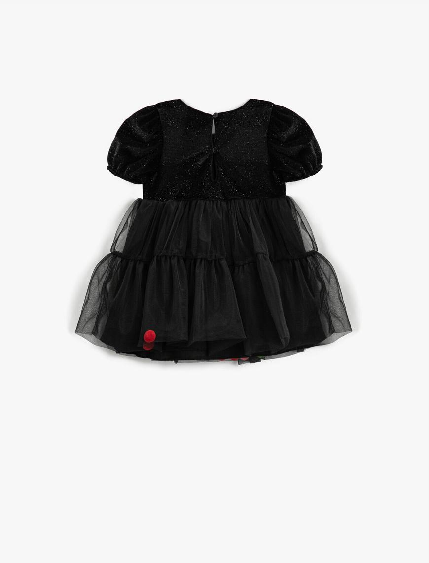  Kız Bebek Simli Eteği Tüllü Ponpon Detaylı Elbise Kısa Kollu