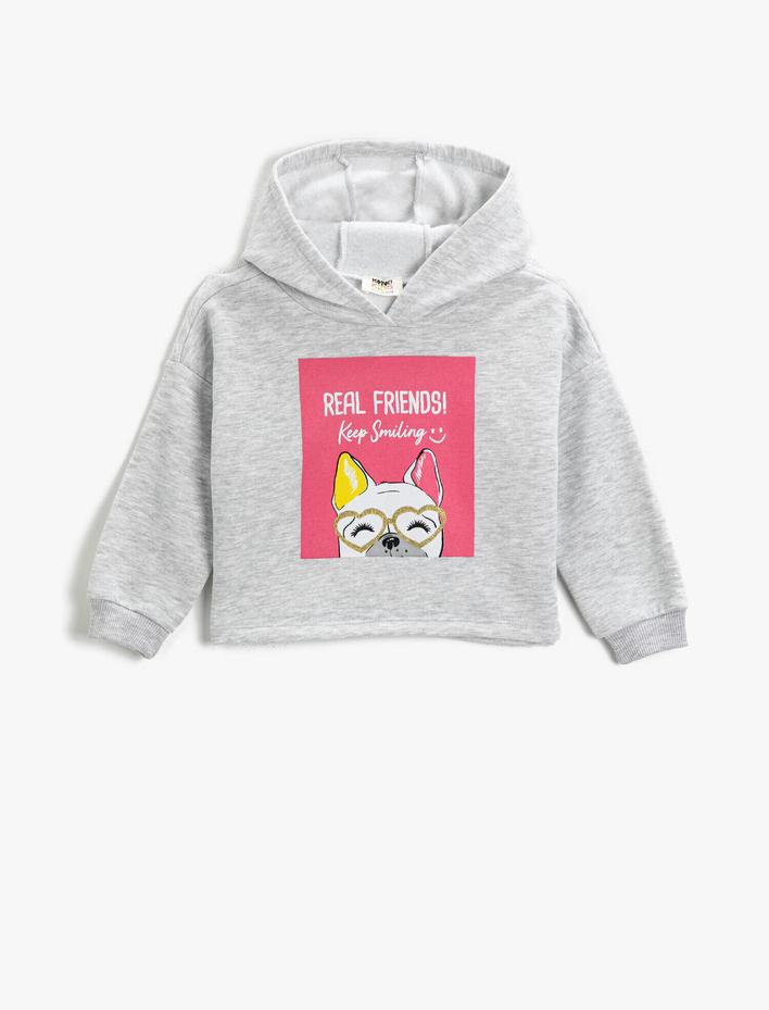 Kız Çocuk Köpek Baskılı Kapşonlu Sweatshirt Uzun Kollu
