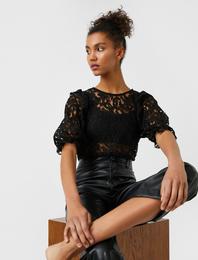 Bisiklet Yaka Kısa Kollu Dantel Tişört