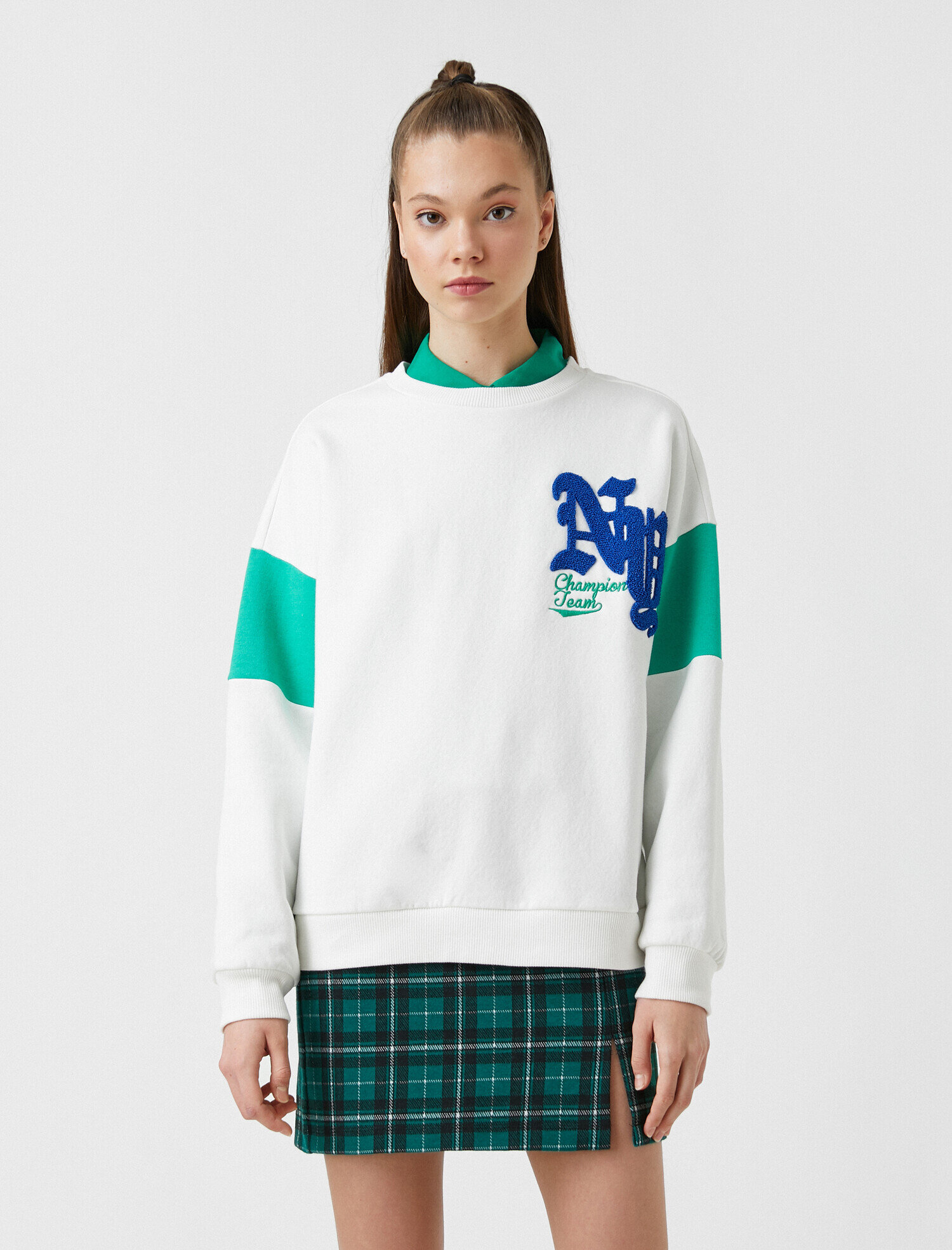 Bisiklet Yaka Baskılı Uzun Kollu Sweatshirt