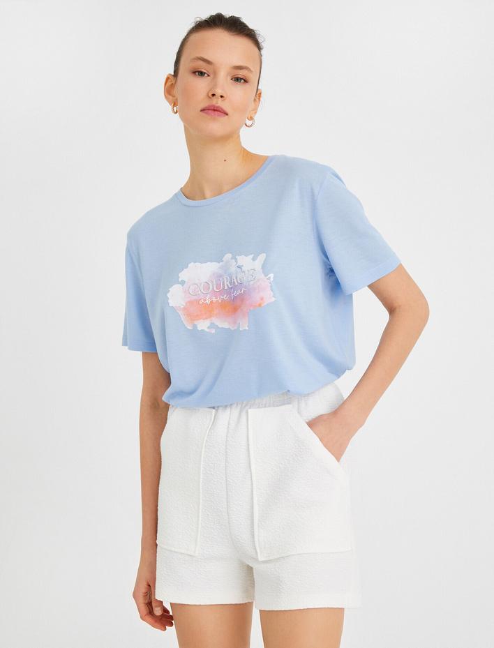  Bisiklet Yaka Kısa Kollu Baskılı Tişört