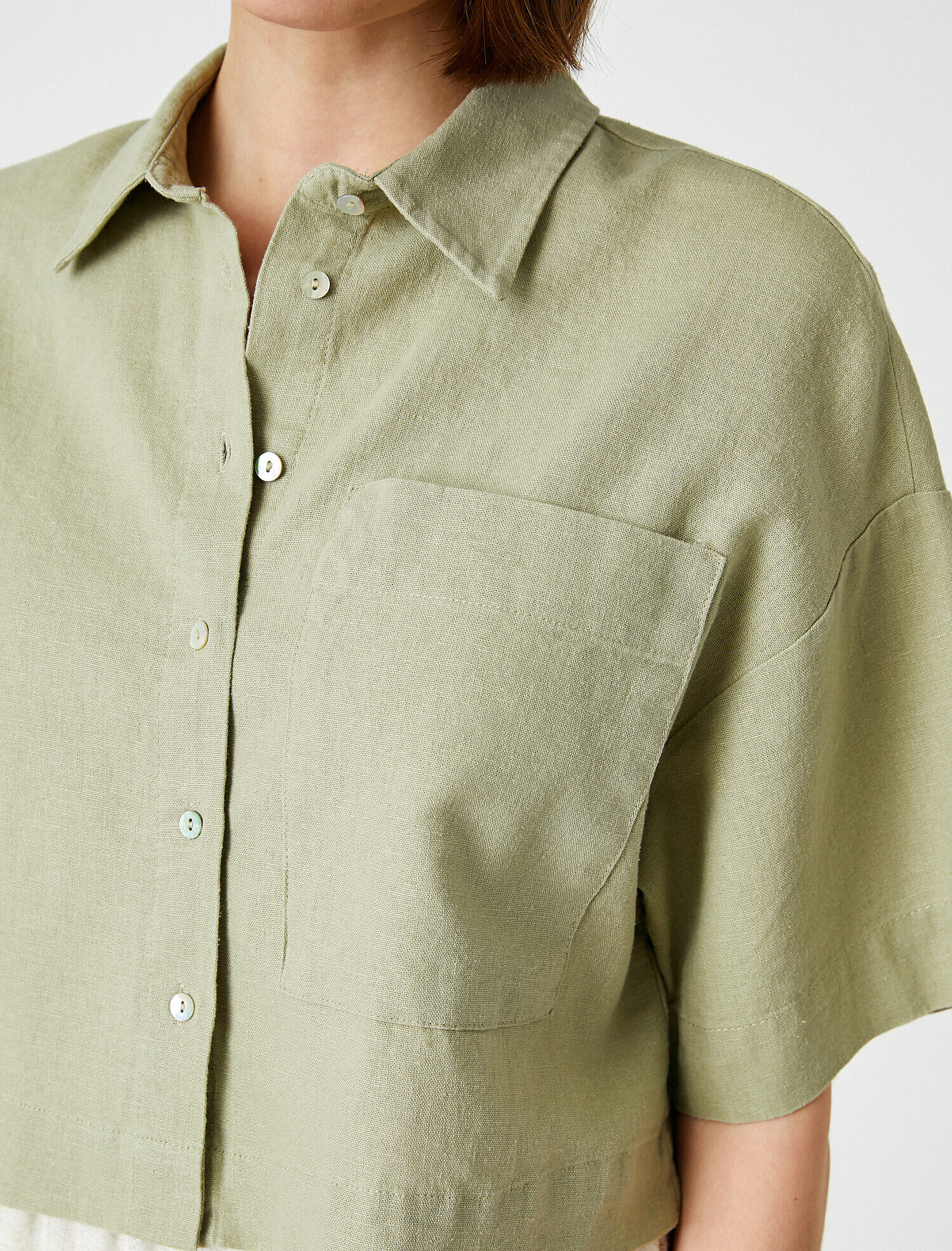   Kısa Kollu Crop Keten Gömlek