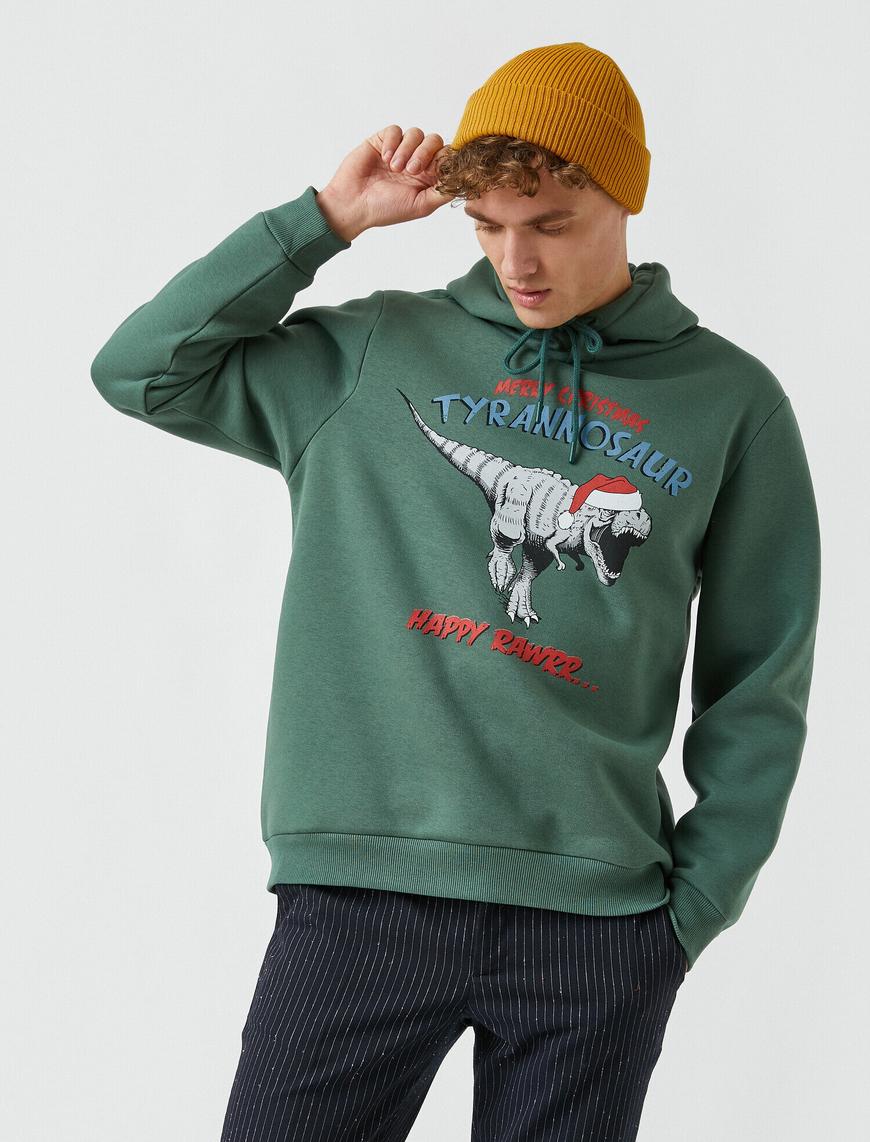   Yılbaşı Dinozor Baskılı Kapüşonlu Sweatshirt