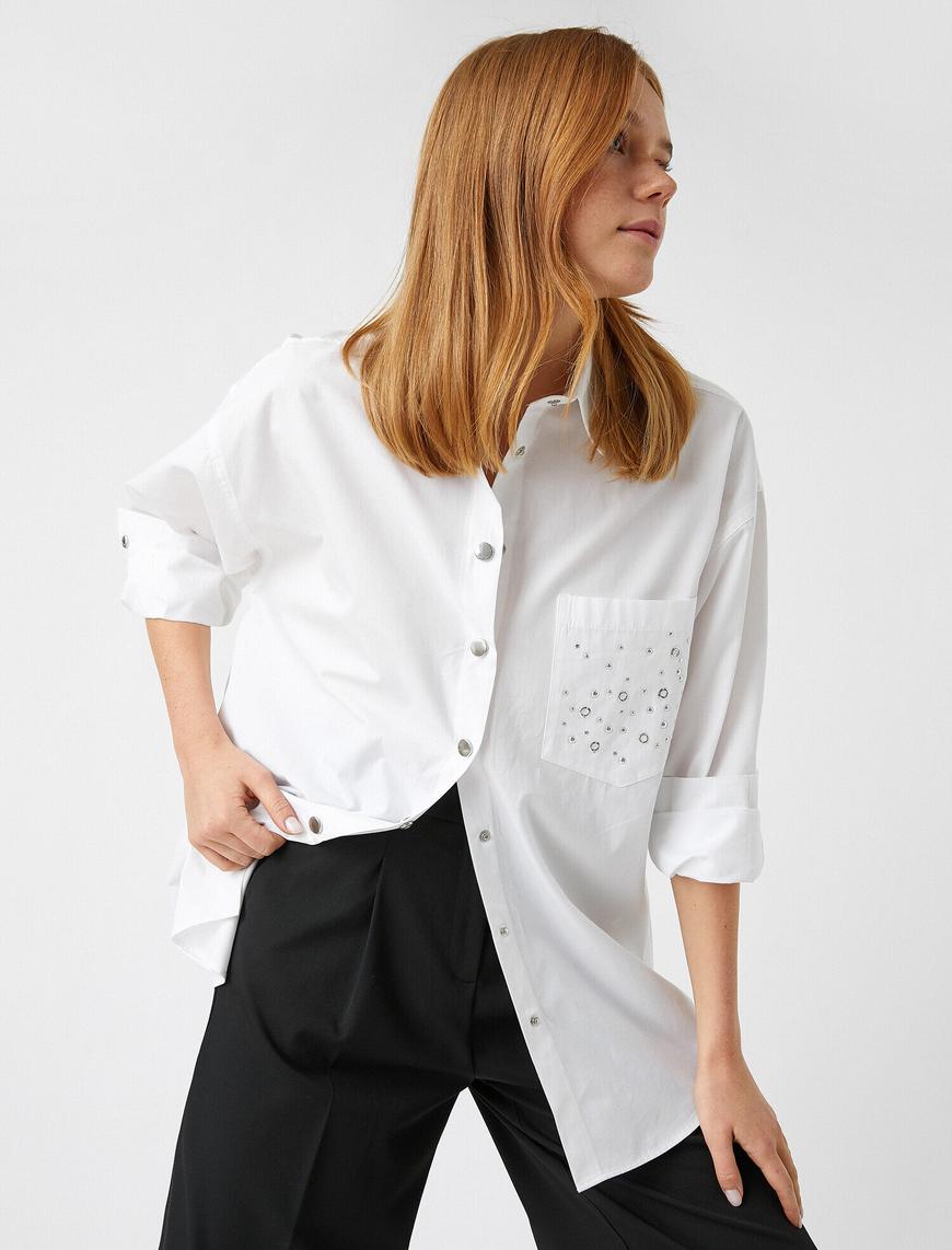   Metal İşlemeli Oversize Poplin Gömlek