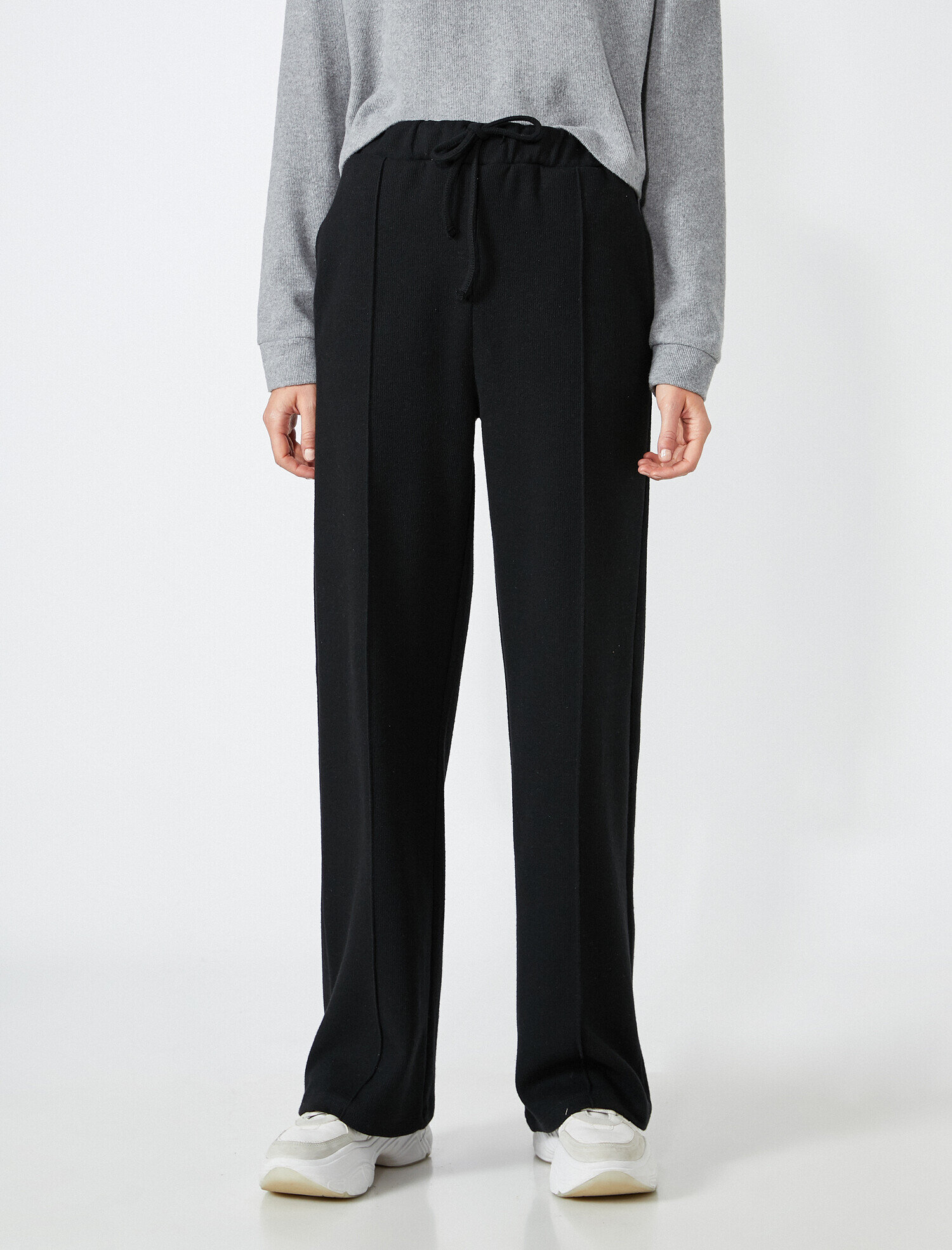   Beli Bağcıklı Pantolon Geniş Paça Önden Şeritli