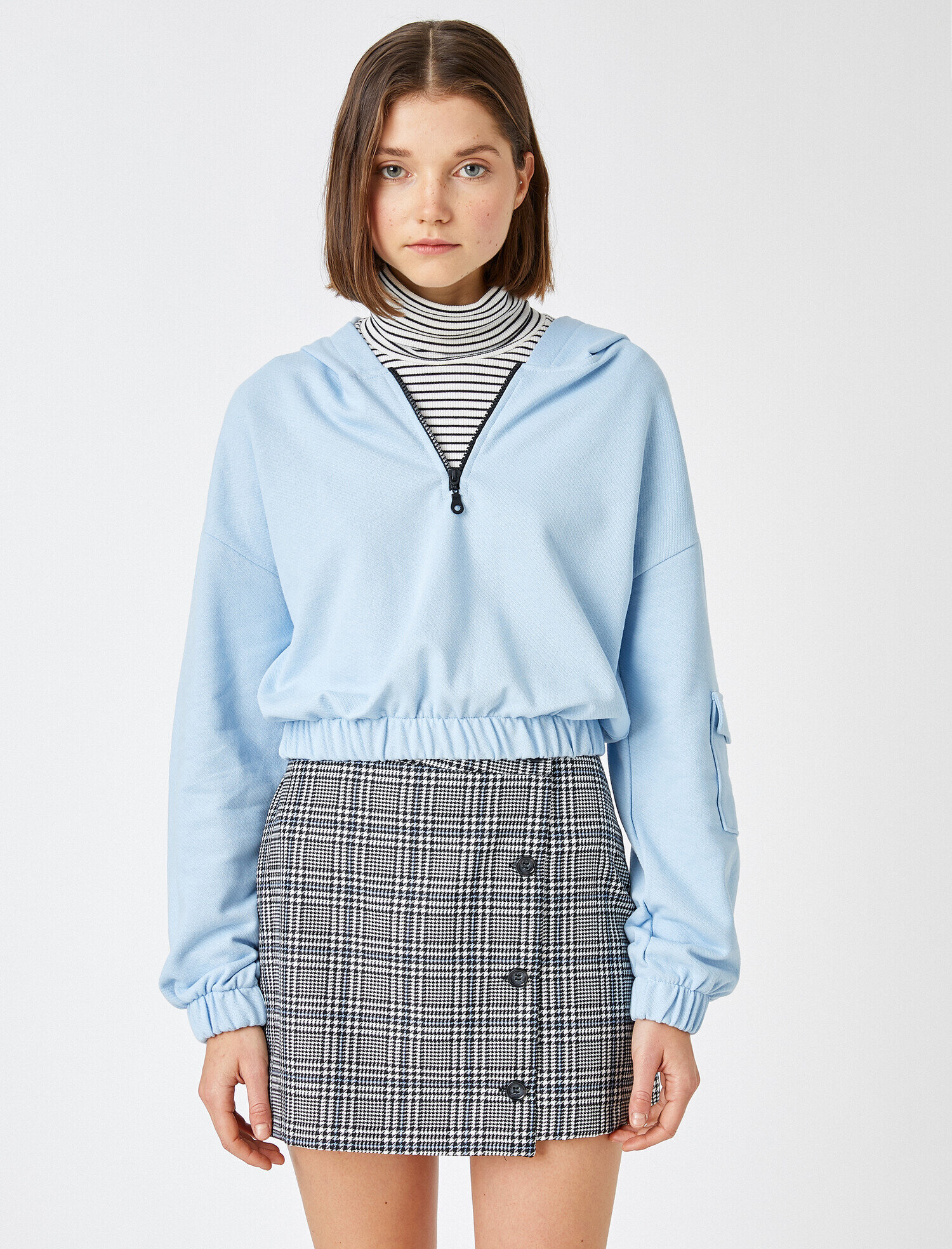 Beli Lastikli Kapüşonlu Crop Sweatshirt