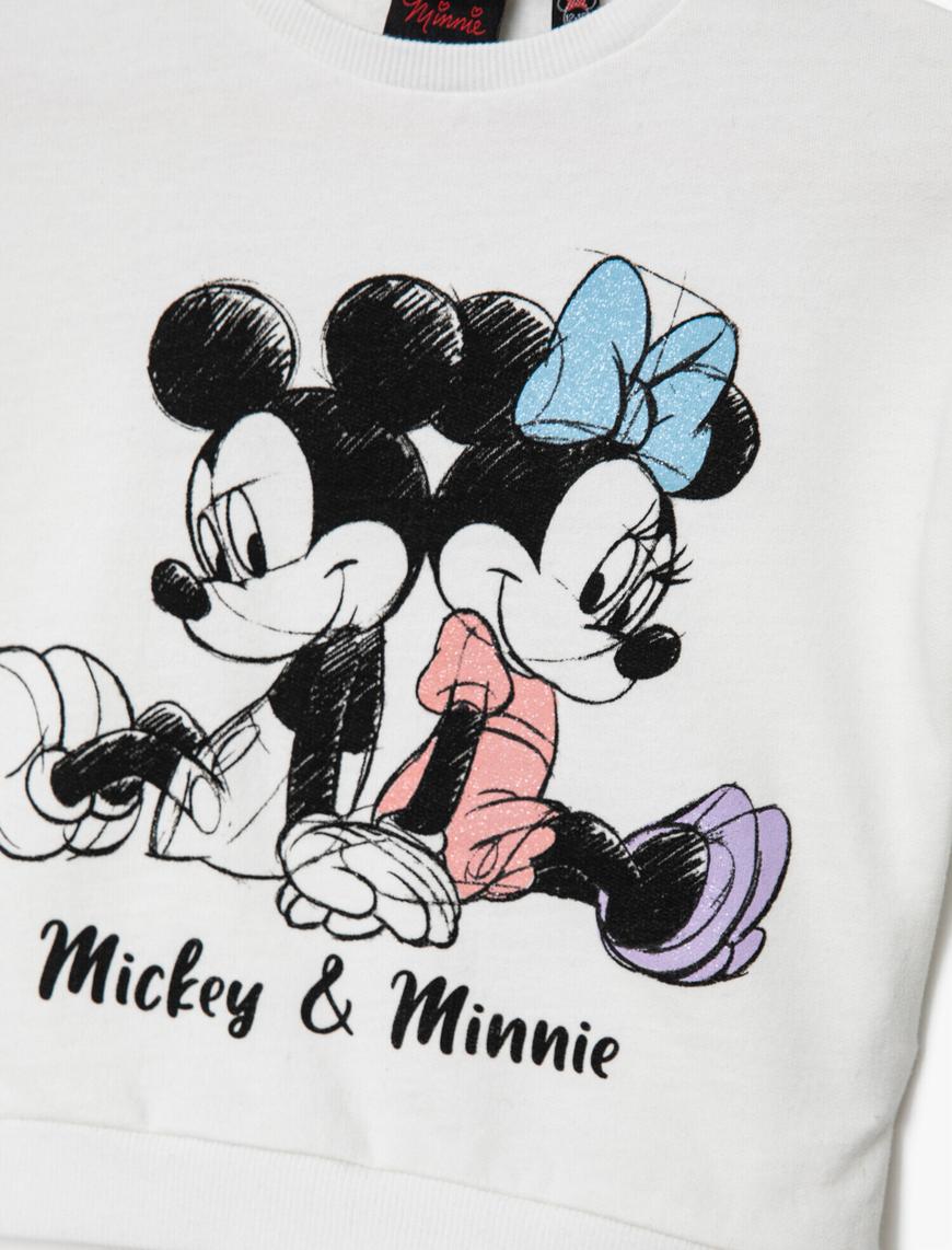  Kız Bebek Mickey & Minnie Mouse Baskılı Bisiklet Yaka Sweatshirt Fırfırlı  Pamuklu