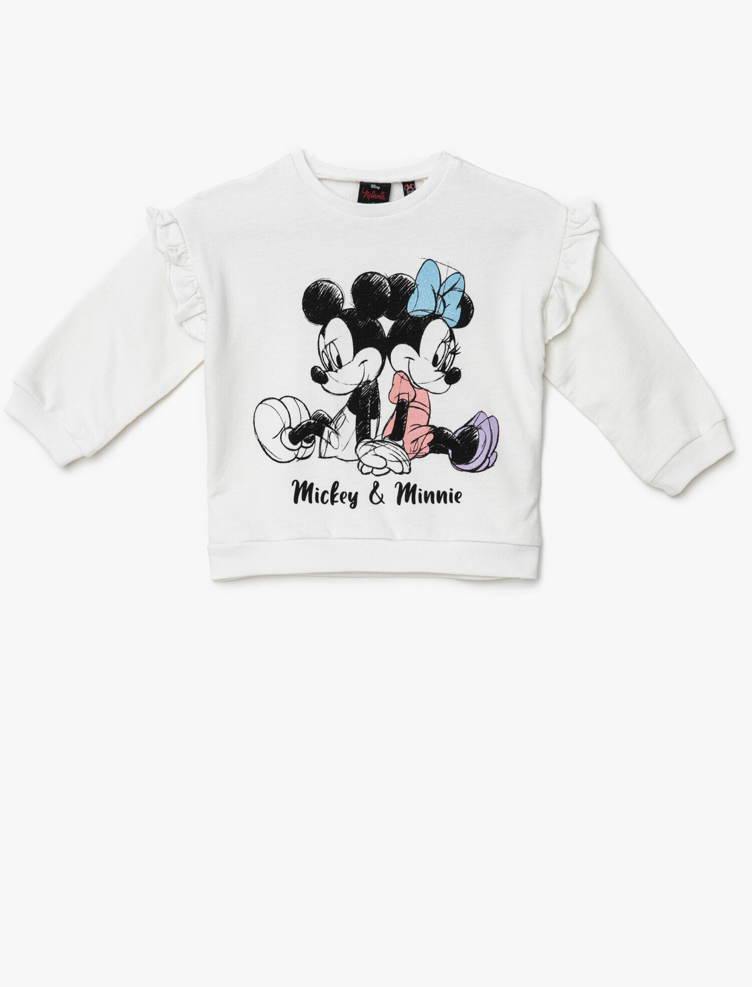  Kız Bebek Mickey & Minnie Mouse Baskılı Bisiklet Yaka Sweatshirt Fırfırlı  Pamuklu