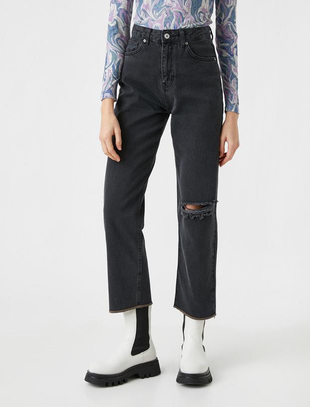   Yüksek Bel Dizi Yırtık Kot Pantolon - Straight Jean