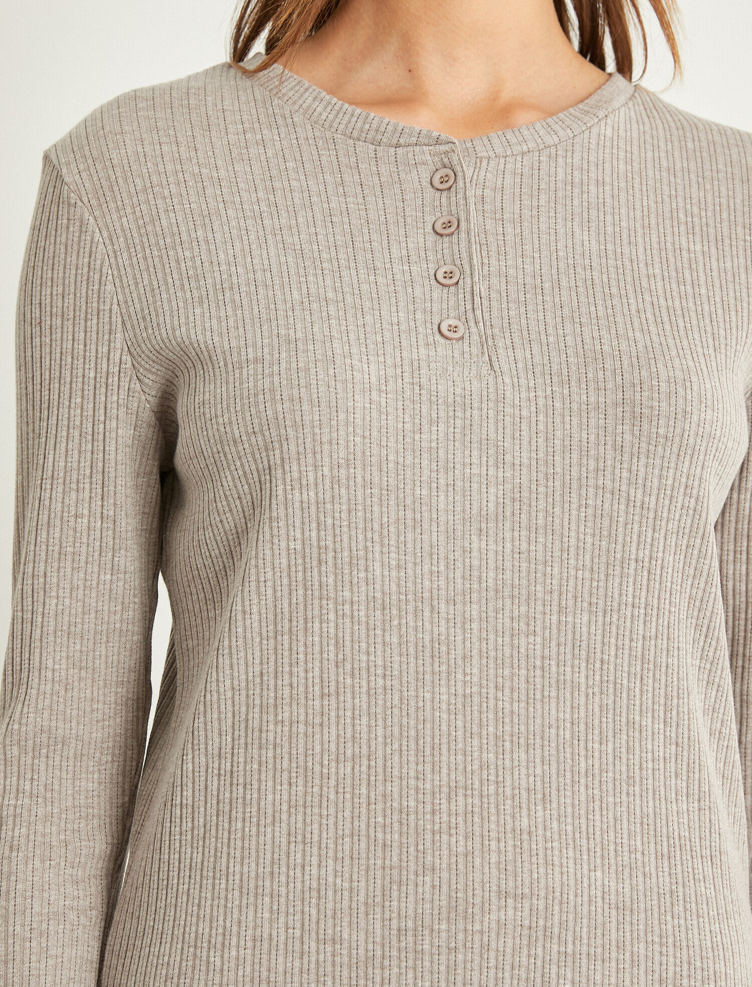 Düğmeli Bisiklet Yaka Uzun Kollu Pijama Üstü