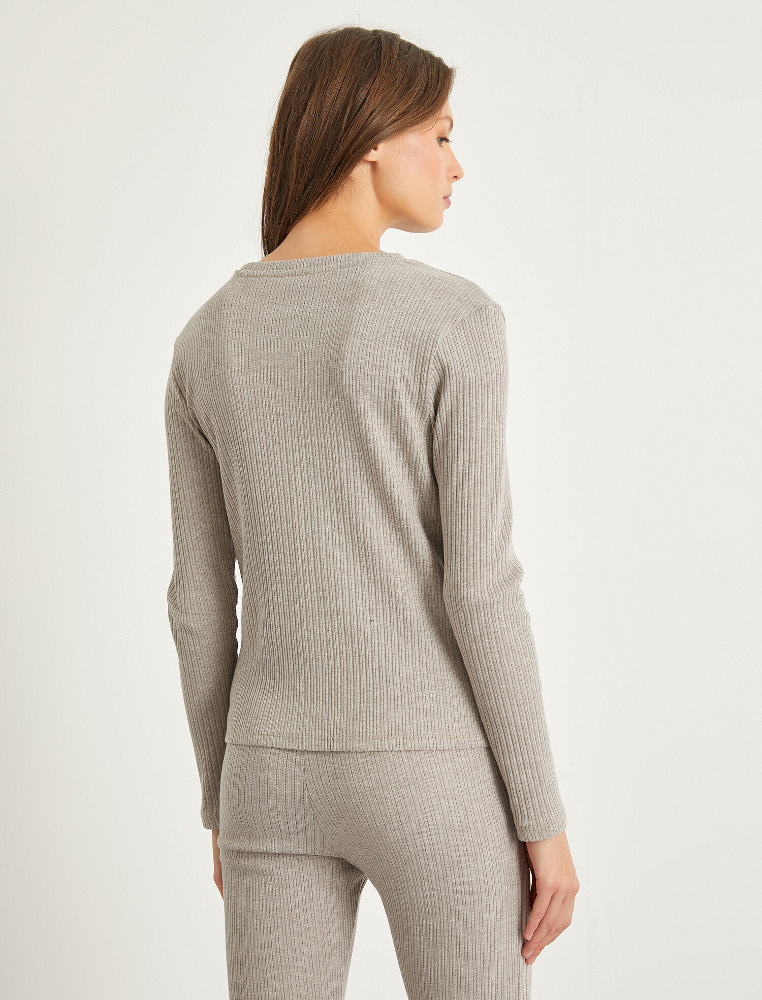 Düğmeli Bisiklet Yaka Uzun Kollu Pijama Üstü