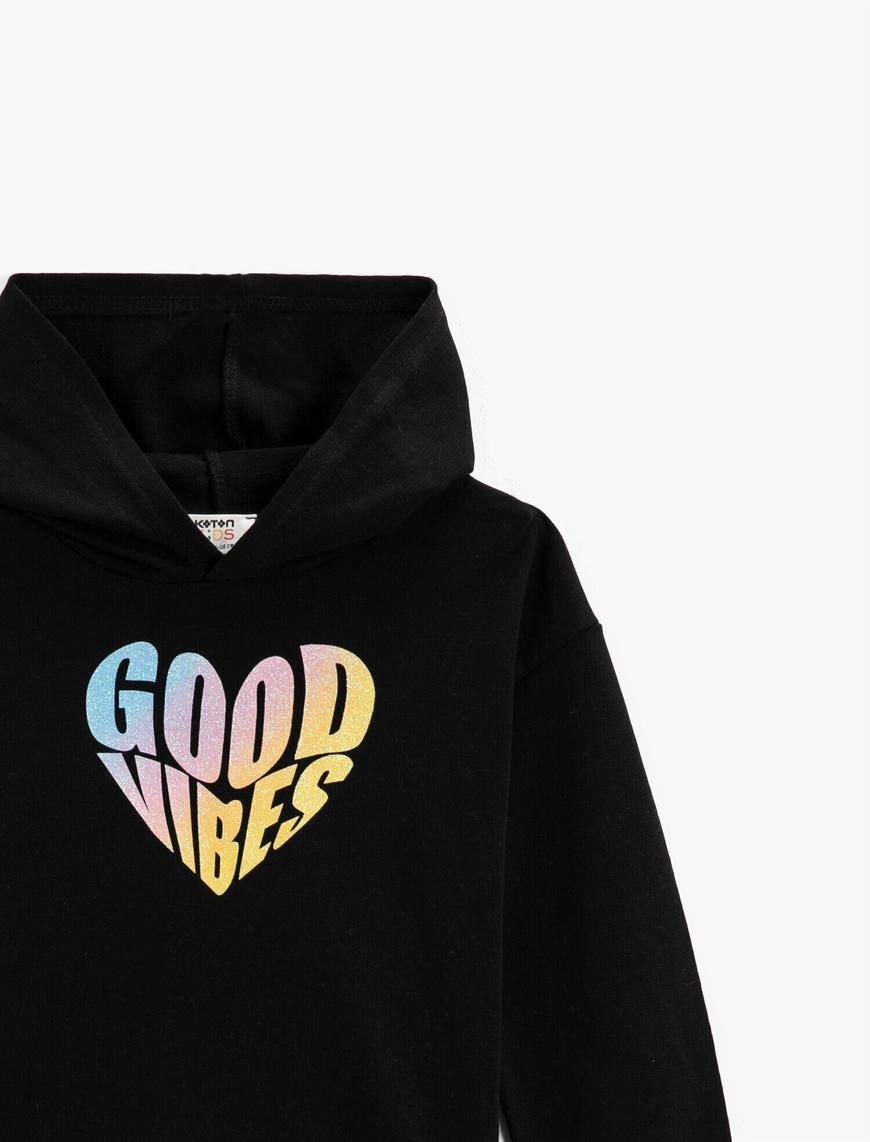  Kız Çocuk Simli Slogan Baskılı Kapüşonlu Sweatshirt Pamuklu