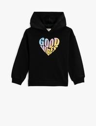 Simli Slogan Baskılı Kapüşonlu Sweatshirt Pamuklu