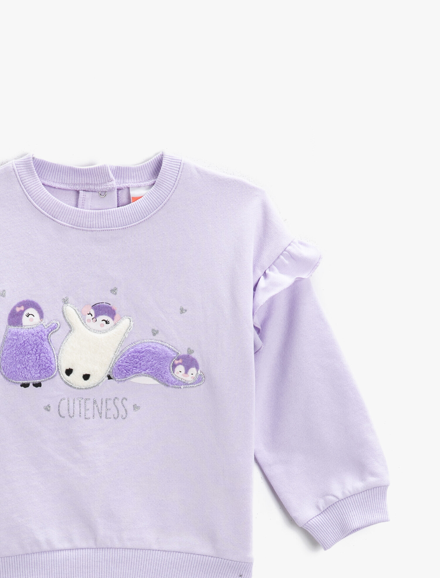  Kız Bebek Hayvan Baskılı Fırfır Detaylı Sweatshirt Bisiklet Yaka Pamuklu