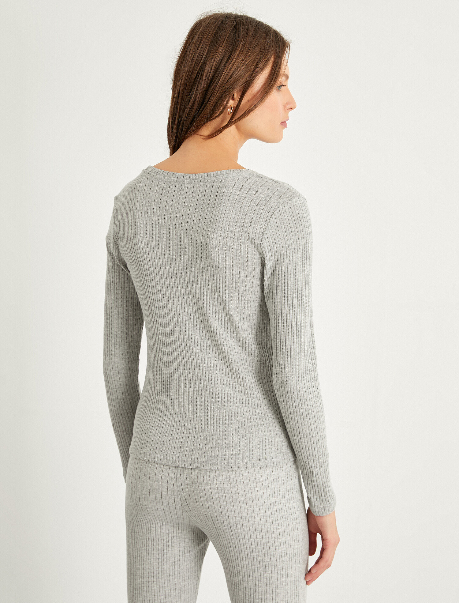   Düğmeli Bisiklet Yaka Uzun Kollu Pijama Üstü