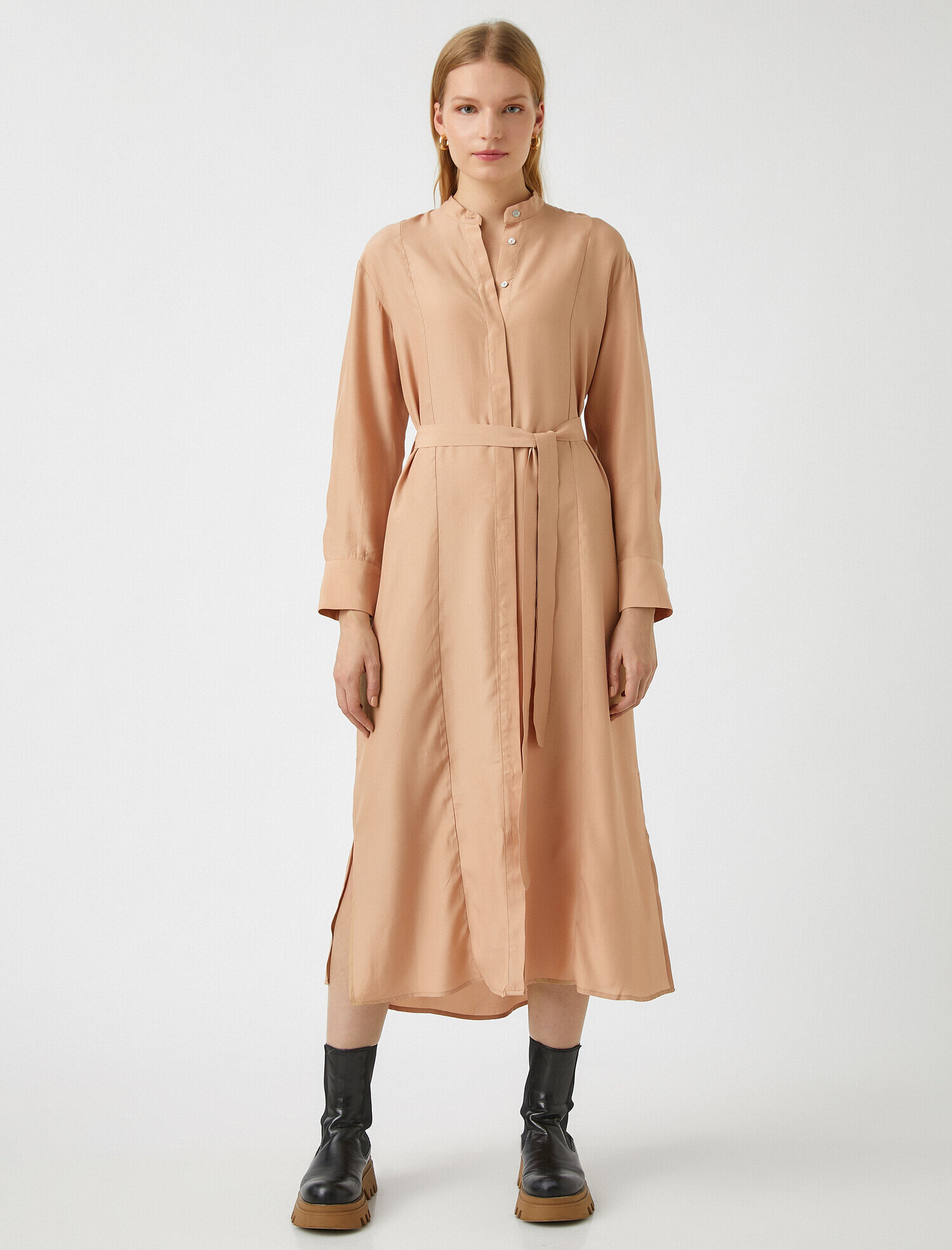   Beli Kuşaklı Midi Gömlek Elbise