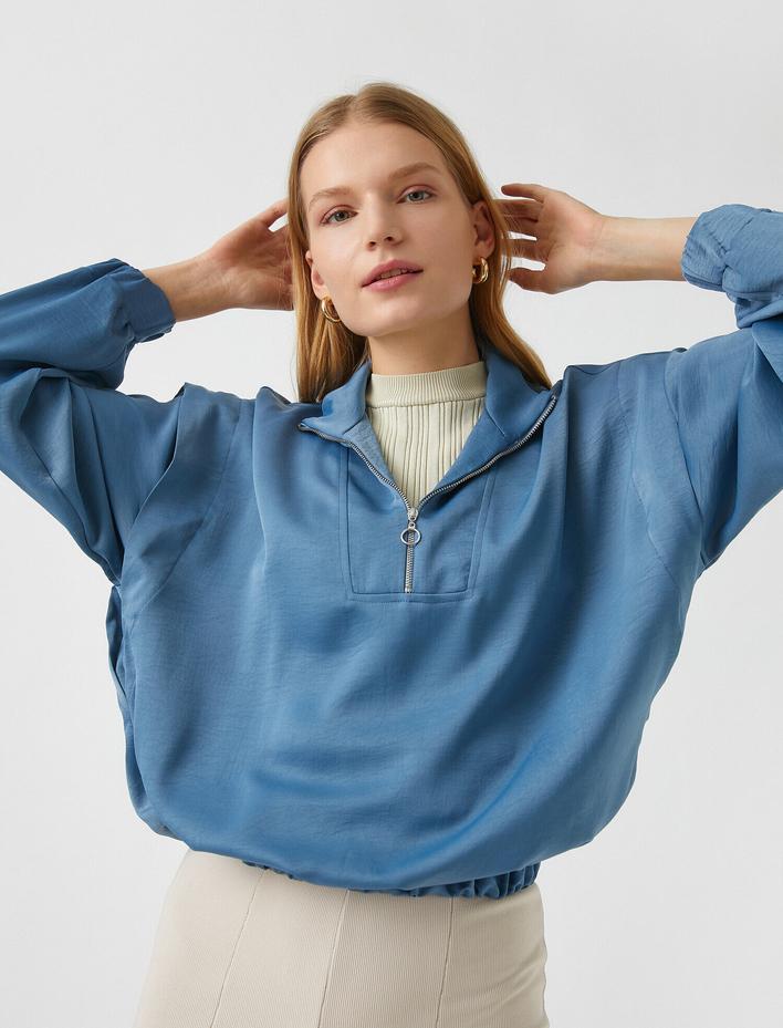  Yarım Fermuarlı Bluz Uzun Kollu Saten Görünümlü