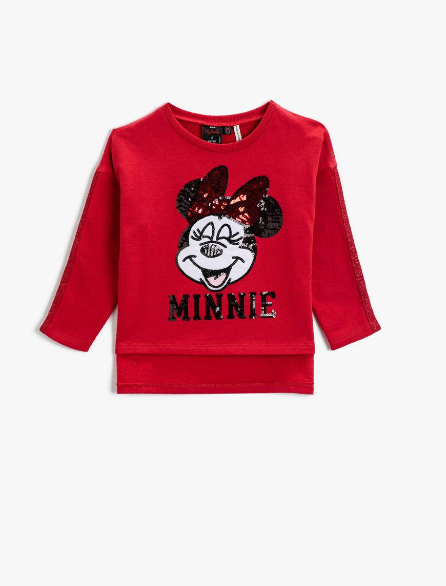  Kız Çocuk Minnie Mouse Lisanslı Baskı Sweatshirt Pullu Uzun Kollu