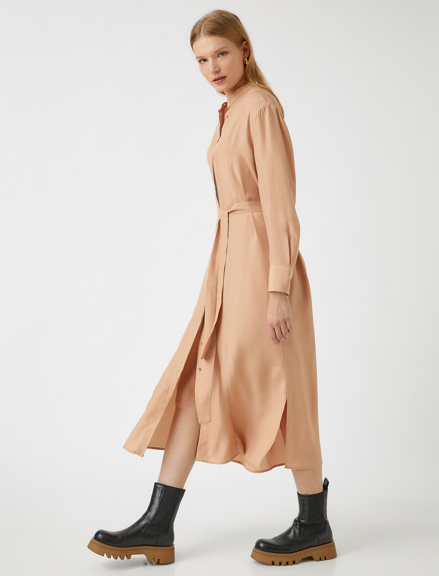   Beli Kuşaklı Midi Gömlek Elbise