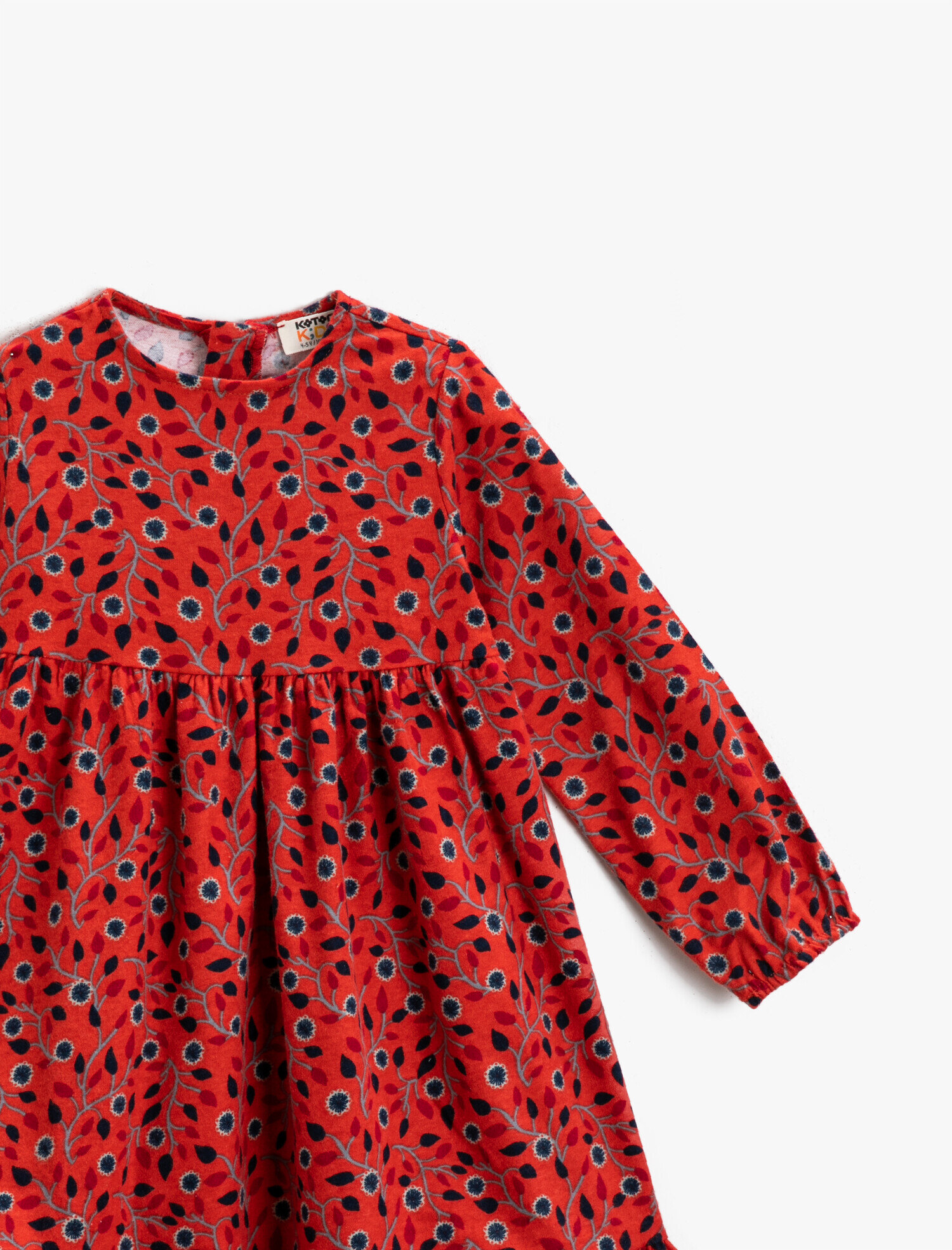  Kız Çocuk Çiçekli Büzgülü Uzun Kollu Elbise Pamuklu Bisiklet Yaka