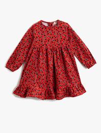 Çiçekli Büzgülü Uzun Kollu Elbise Pamuklu Bisiklet Yaka