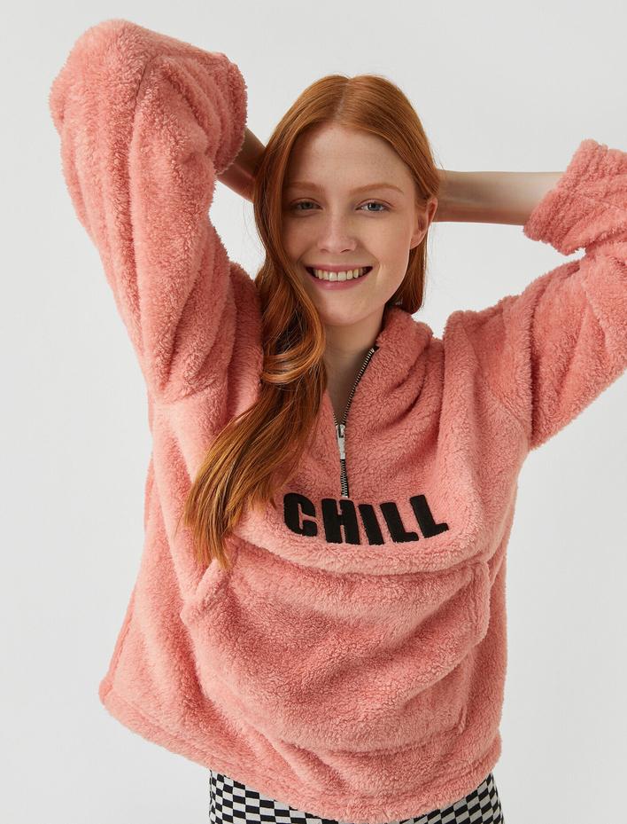  Kapüşonlu Fermuarlı Peluş Sweatshirt