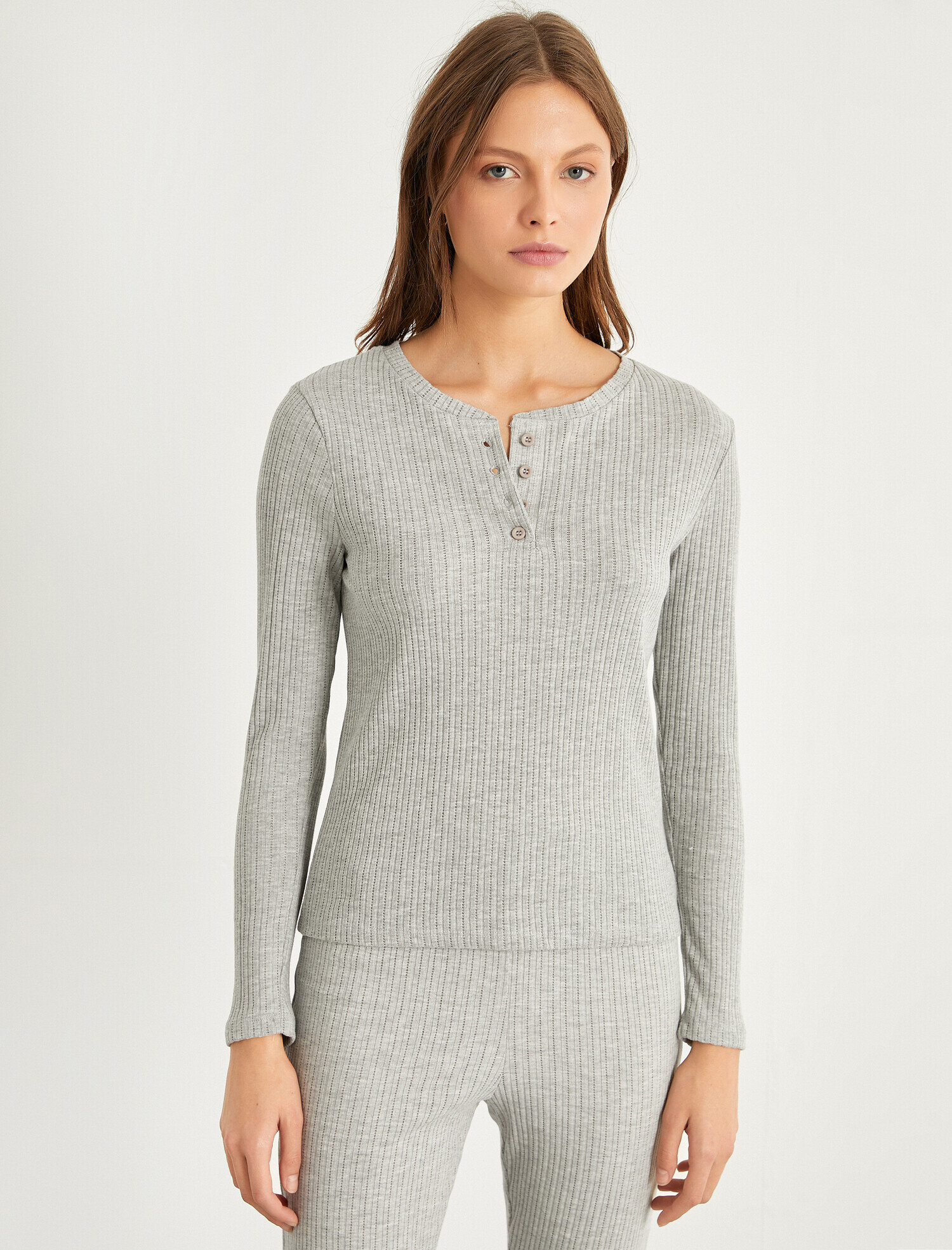   Düğmeli Bisiklet Yaka Uzun Kollu Pijama Üstü