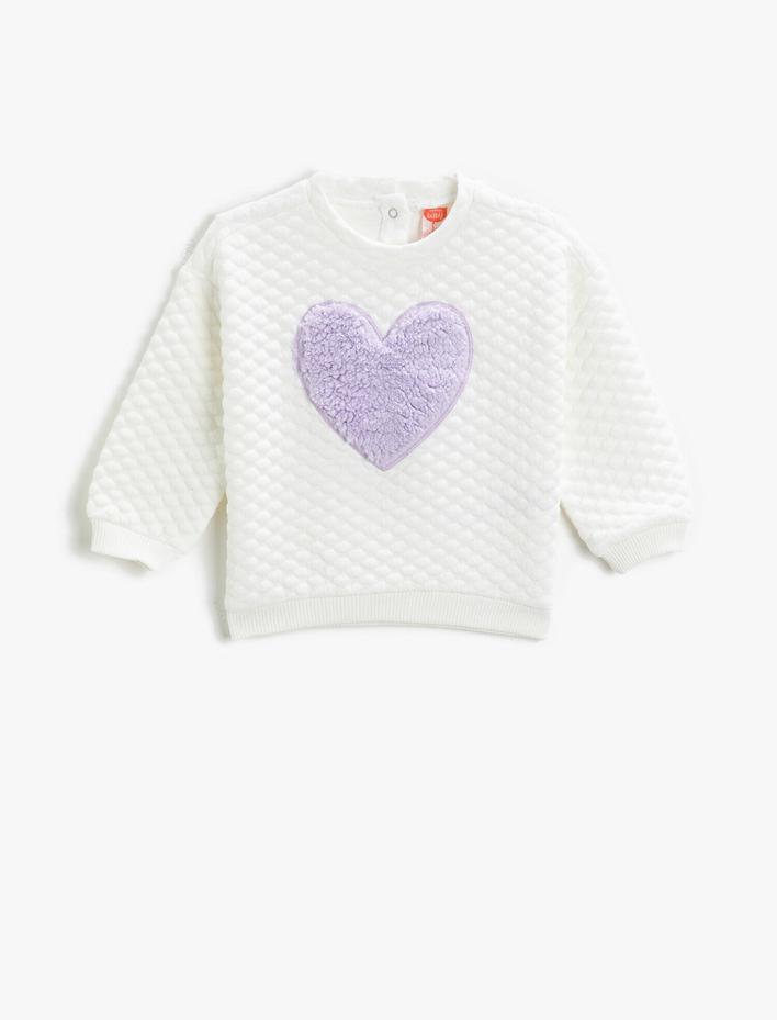 Kız Bebek Peluş Kalpli Bisiklet Yaka Sweatshirt
