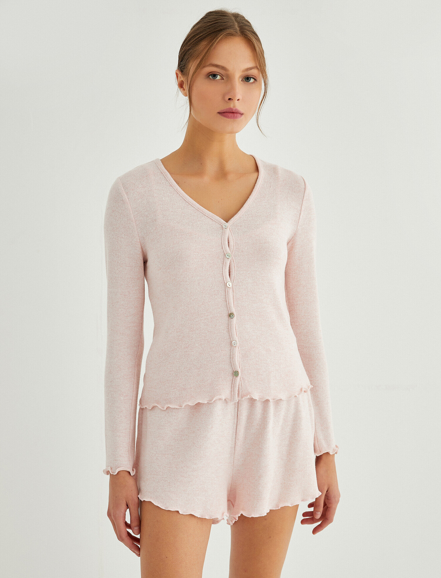   Fırfırlı Düğmeli Uzun Kollu Pijama Üstü