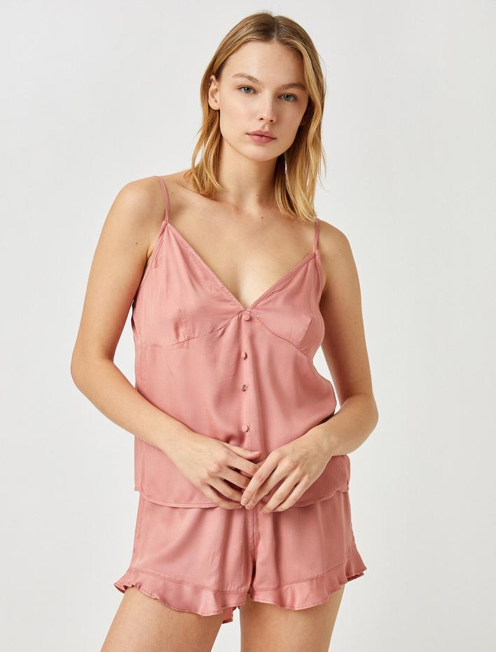  İnce Askılı V Yaka Düğmeli Saten Atlet