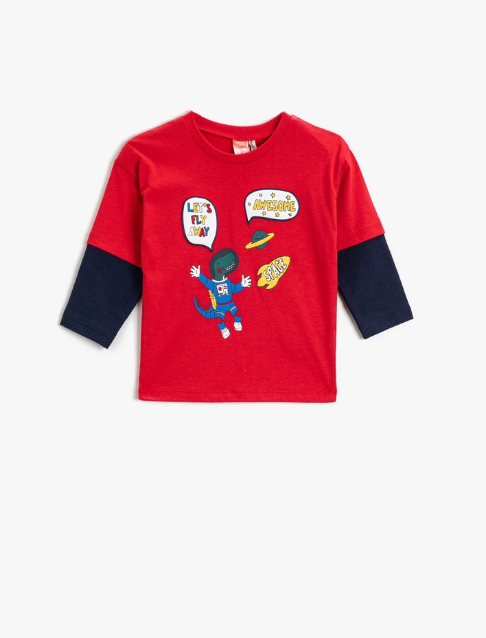 Erkek Bebek Astronot Dinozor Baskılı Tişört Uzun Kollu Pamuklu