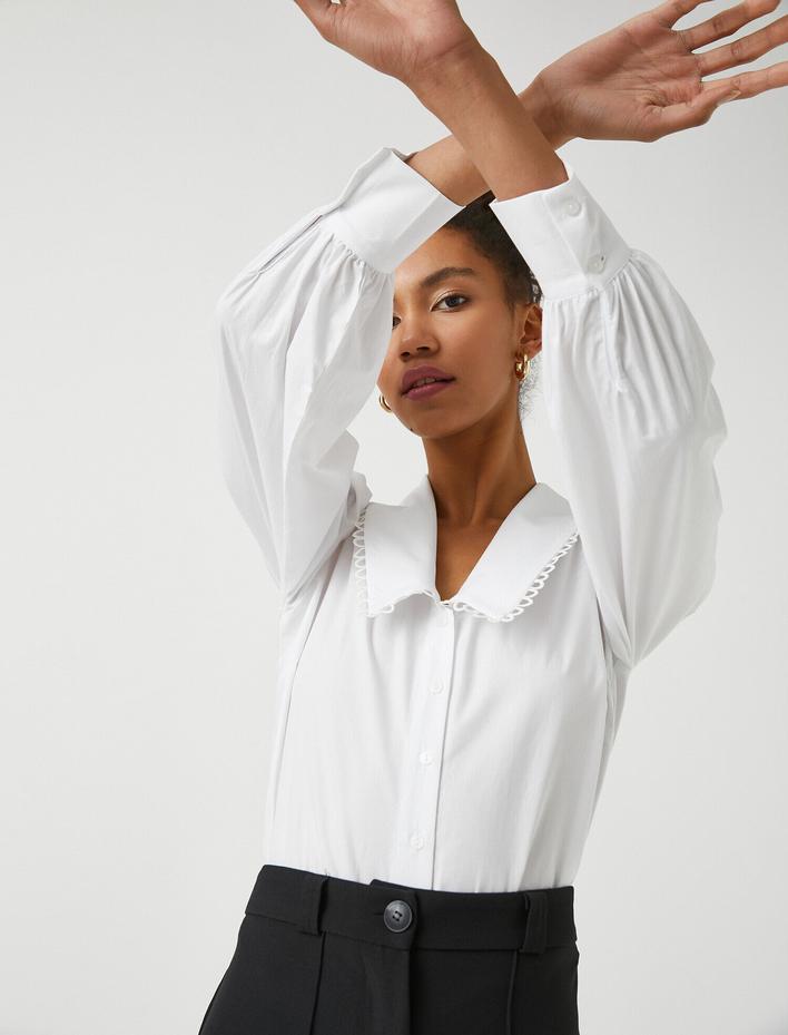  V Yaka Uzun Kollu Pamuklu Gömlek