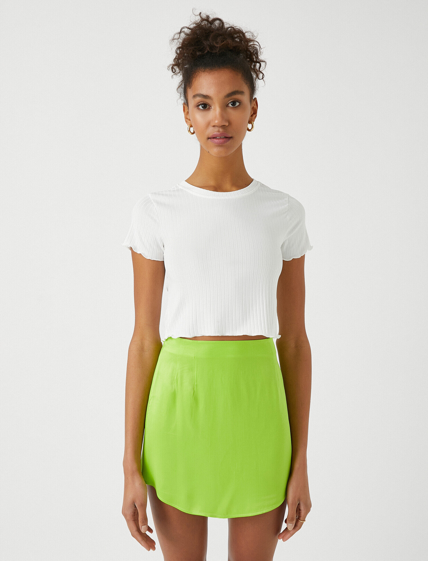   Crop Tişört Bisiklet Yaka Kısa Kollu Ribana