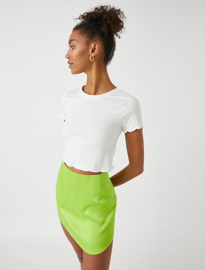  Crop Tişört Bisiklet Yaka Kısa Kollu Ribana