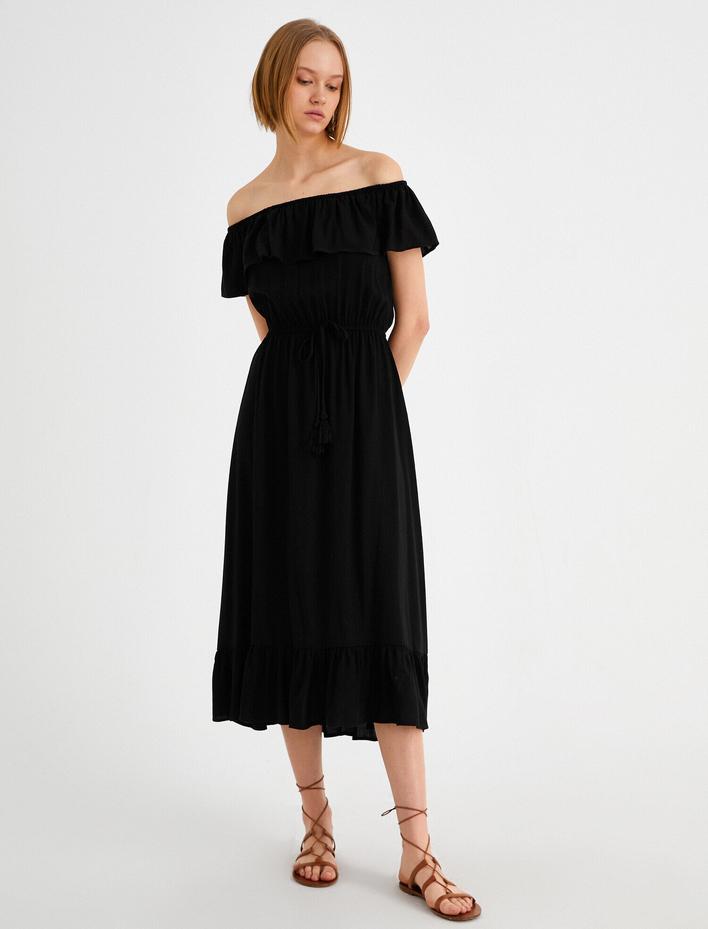  Fırfırlı Viskon Elbise Midi Boy Kayık Yaka