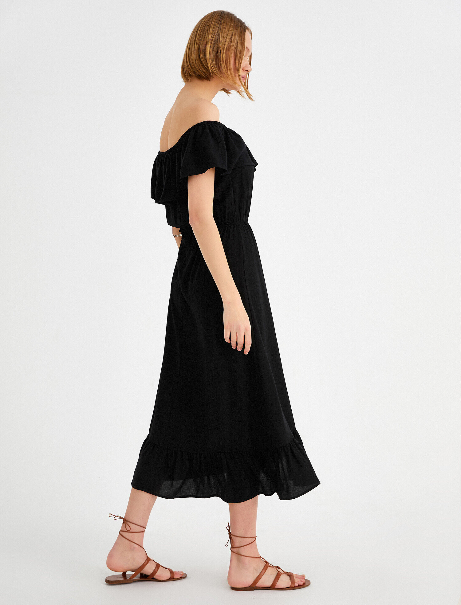   Fırfırlı Viskon Elbise Midi Boy Kayık Yaka