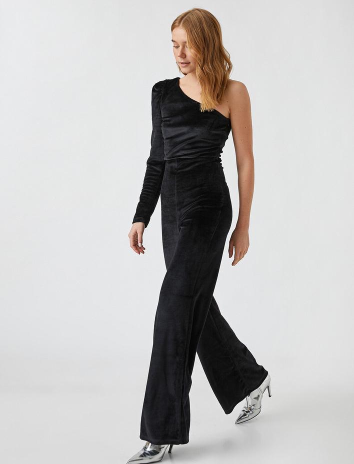  Abiye Kadife Tulum Tek Omuz