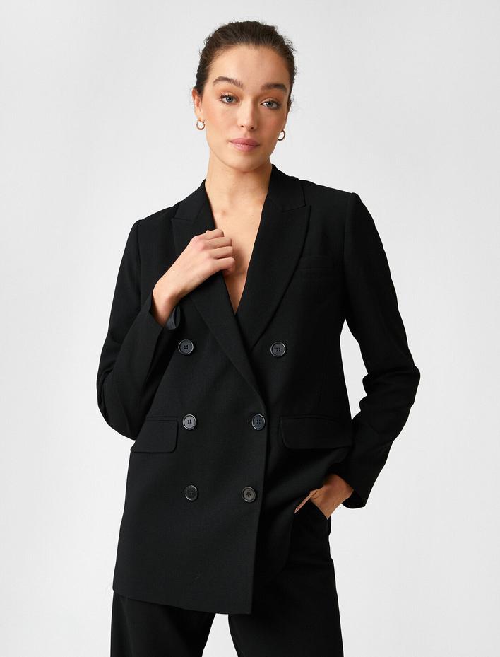  Kruvaze Düğmeli Katlı Yaka Blazer Ceket