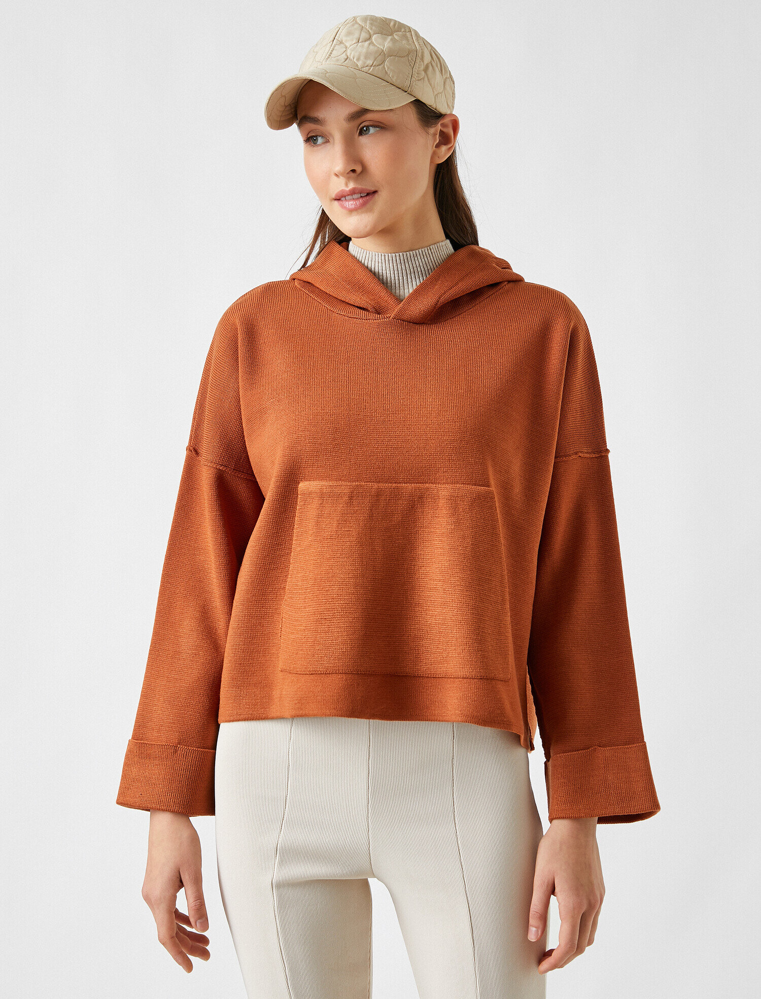   Kapüşonlu Kanguru Cepli Triko Kazak Kaşmir Dokulu