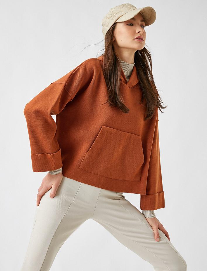  Kapüşonlu Kanguru Cepli Triko Kazak Kaşmir Dokulu