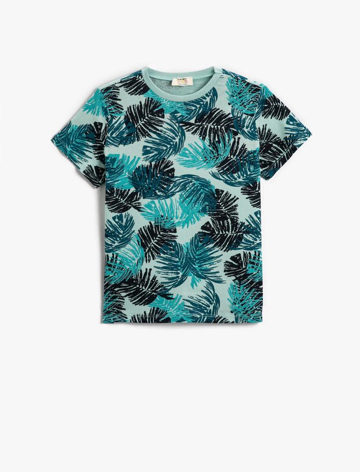 Erkek Çocuk Yaprak Baskılı Kısa Kollu Tişört Pamuklu