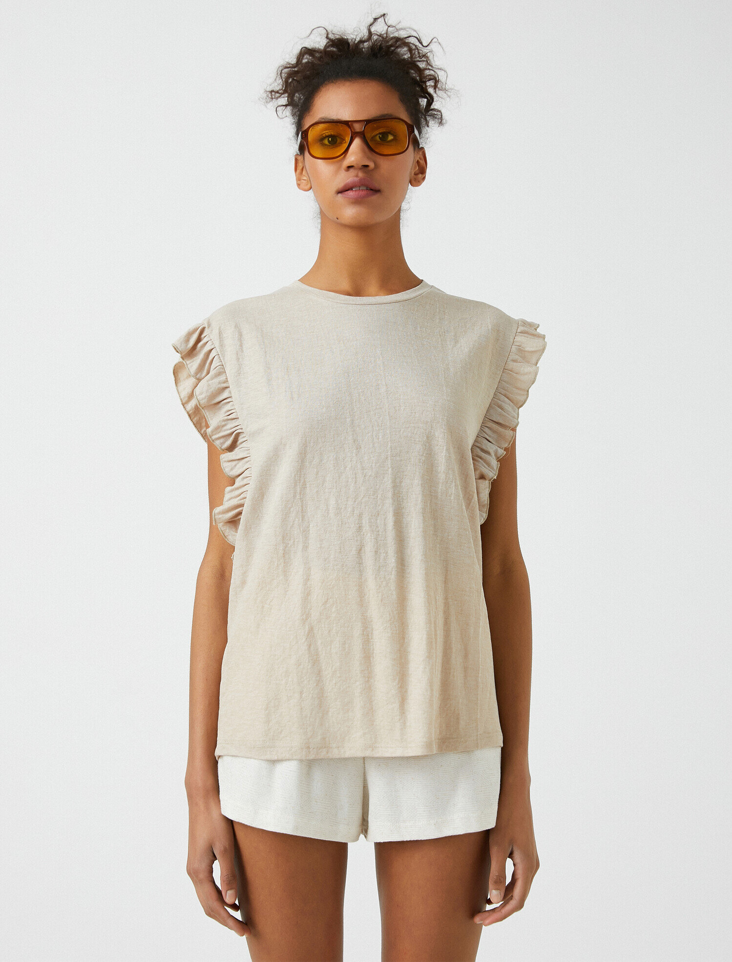   Bisiklet Yaka Kısa Kollu Fırfırlı Tişört