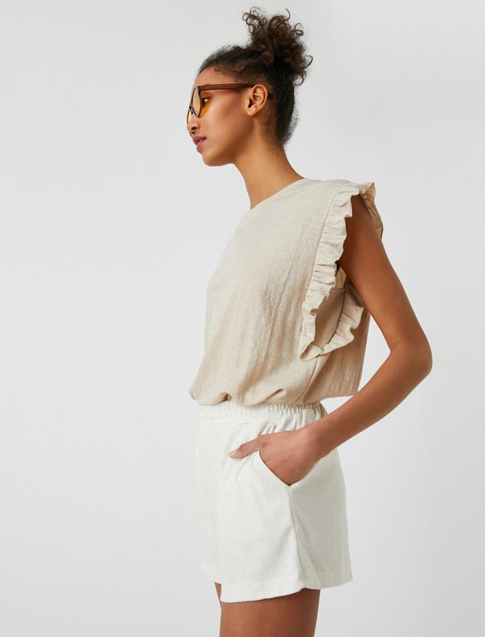  Bisiklet Yaka Kısa Kollu Fırfırlı Tişört