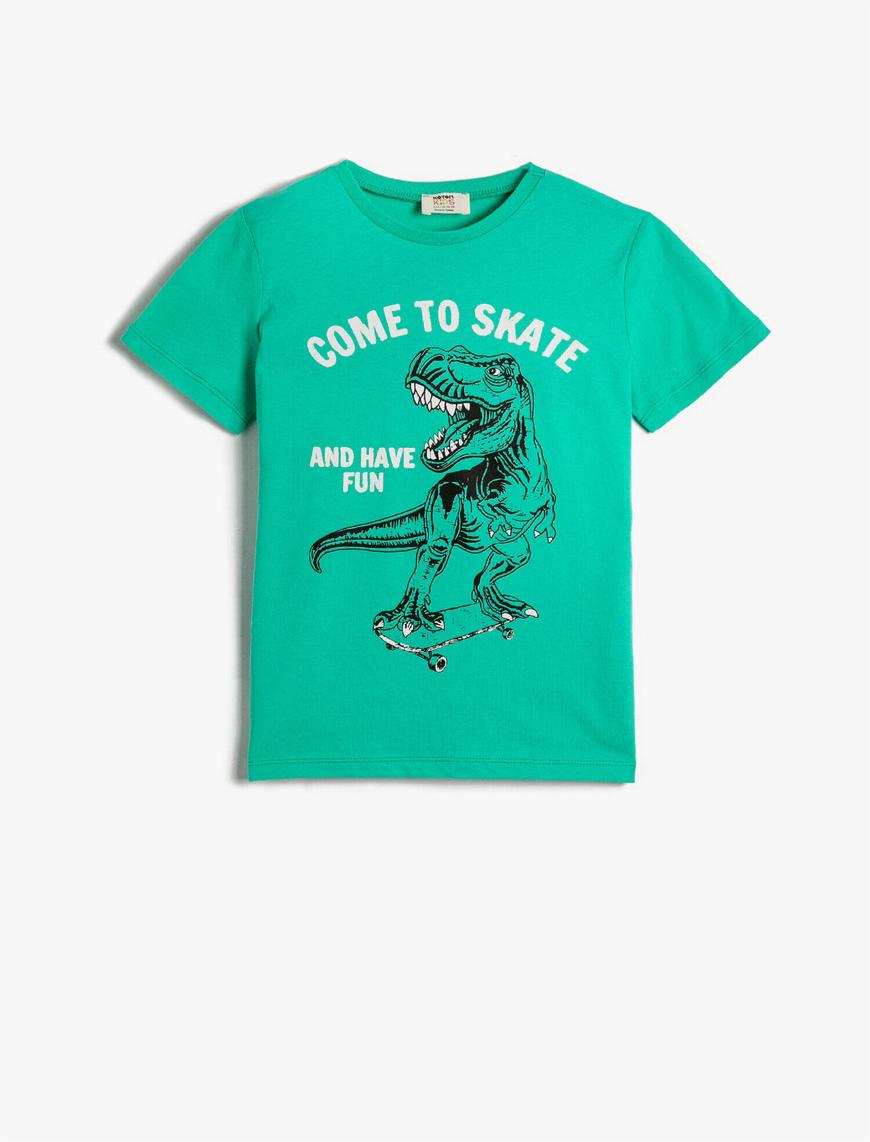  Erkek Çocuk Dinozor Baskılı Kısa Kollu Tişört Pamuklu